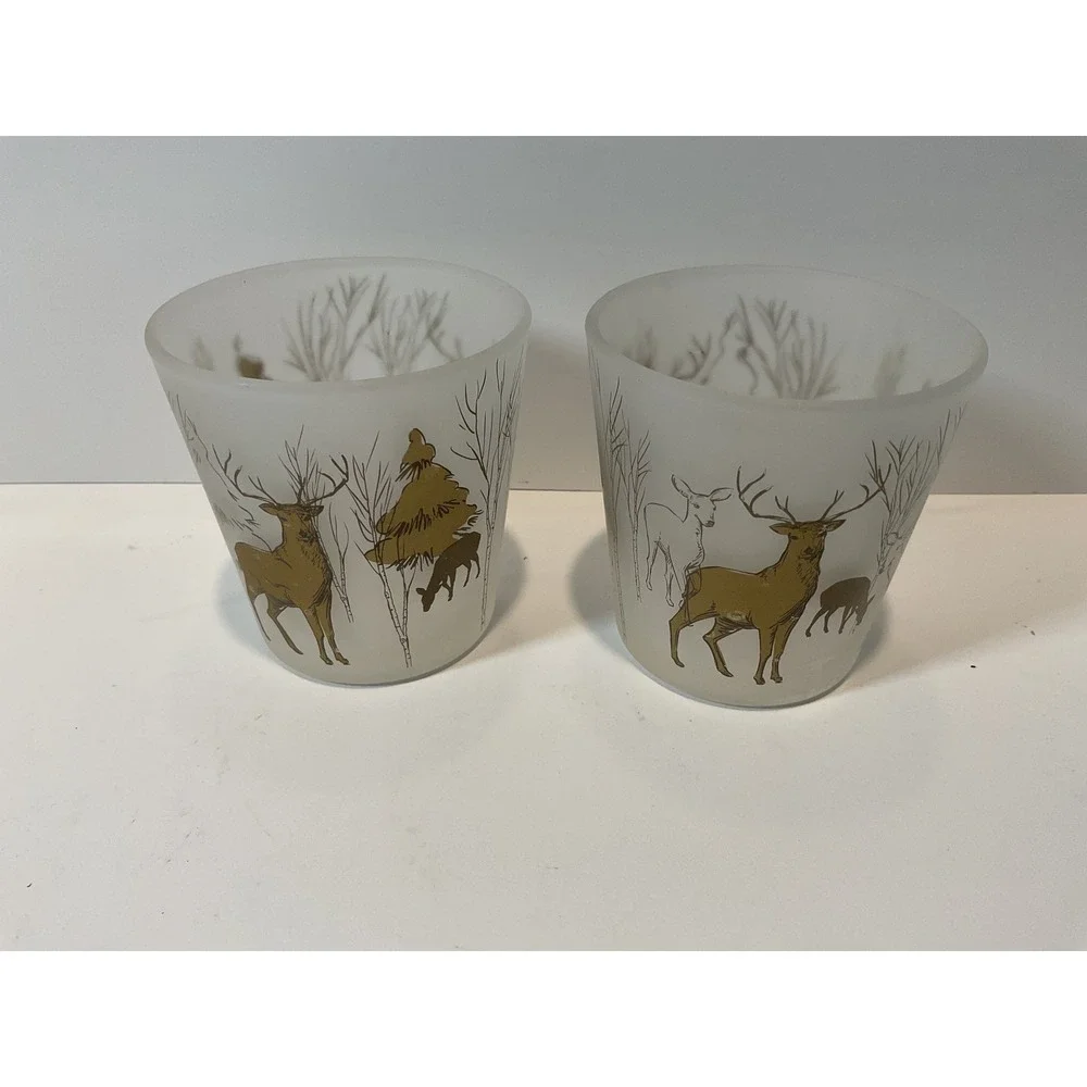 Set Of 2 Frosted Glass Votive Candle Holders Woodland Deer Winter Scene